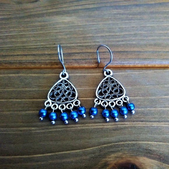 3 for $49 NEW Silver Earrings & Blue Glass Pearls - Picture 2 of 2